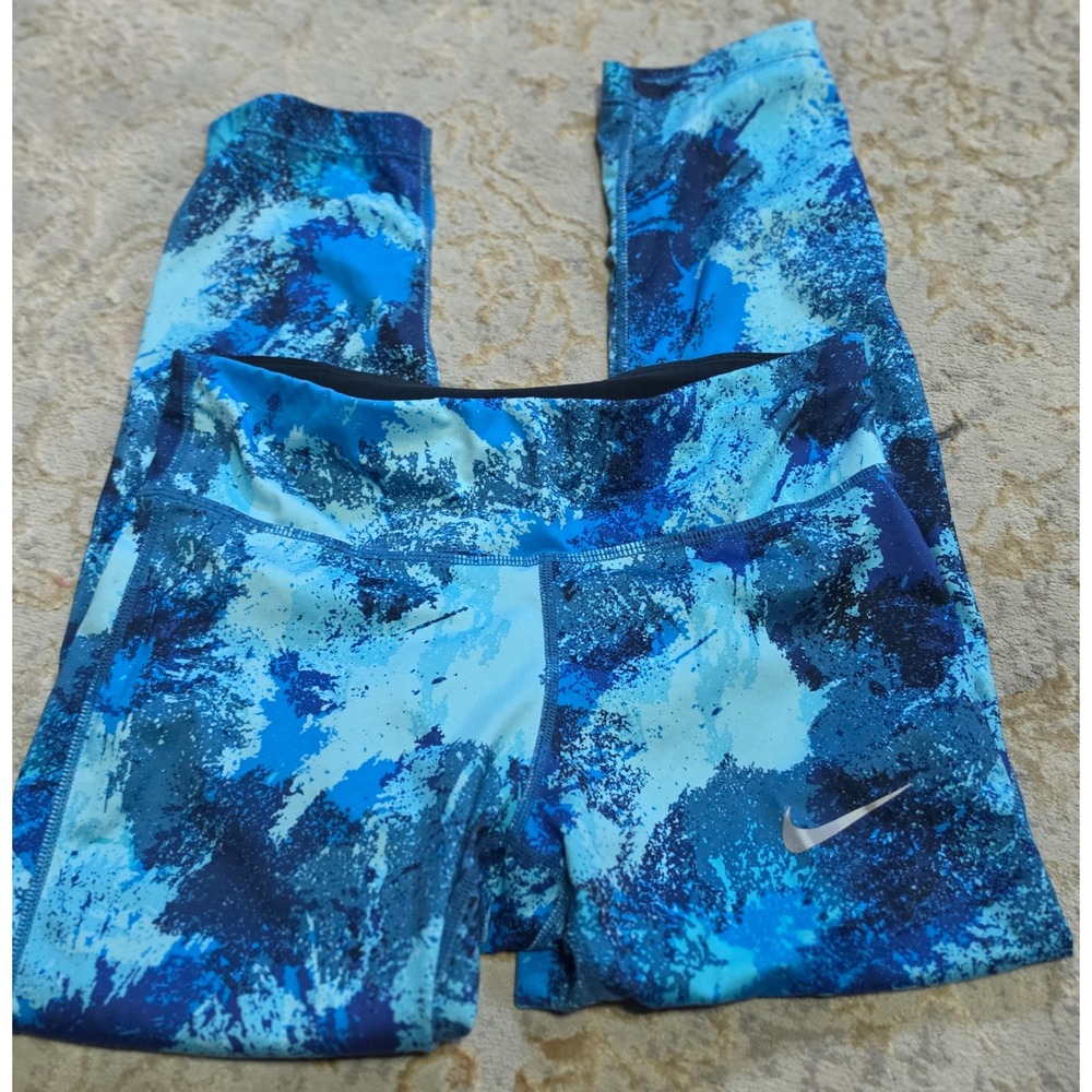 Nike Dri-FIT Blue Abstract Splash Athletic Leggings Womens Small Zipper Pocket